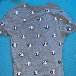 Grey champion shirt with all over champion logos
